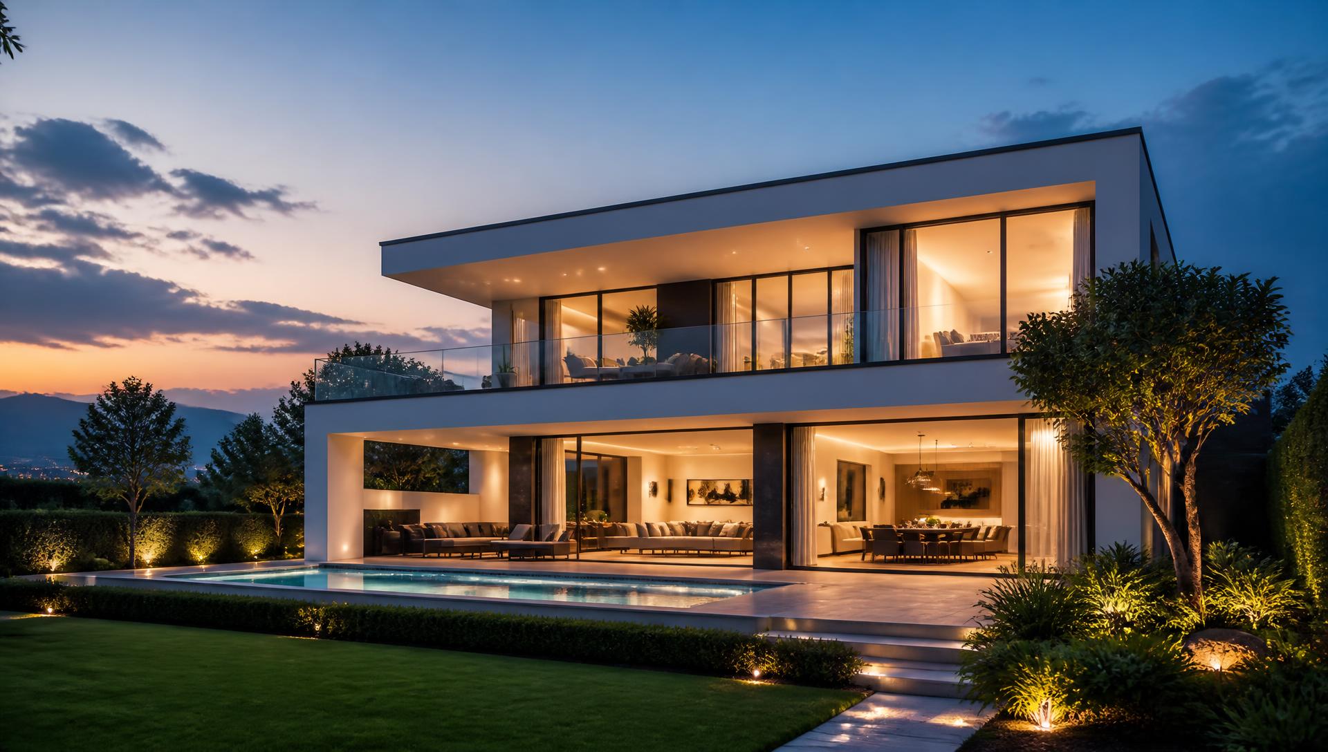Hochwertiges Wohnhaus mit Garten in der Abenddämmerung